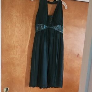 Maggy London Teal Halter Gown with Beaded Waistband